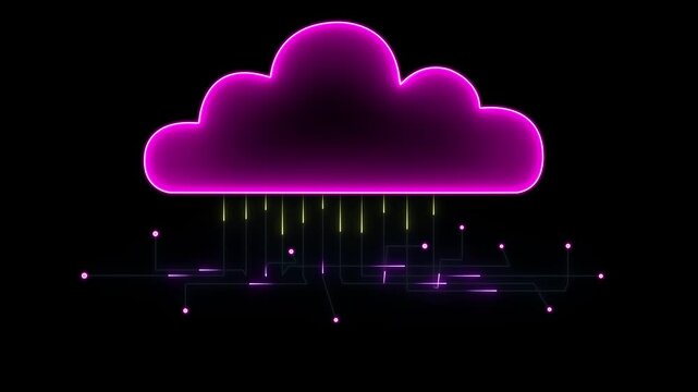 Futuristic neon glowing cloud with digital circuit connections, representing carbon emission data, technology, climate change, environmental monitoring and cloud computing concept HD motion video