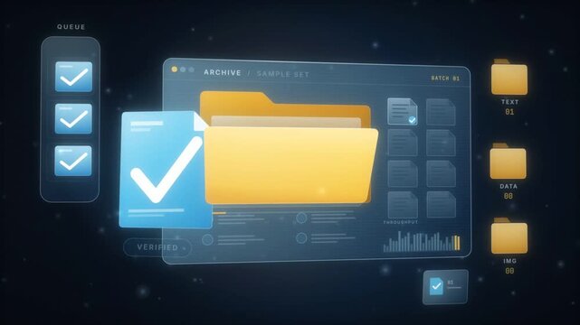 Archive batch verification interface approving documents into a folder with checkmark cards