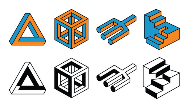 Isometric impossible shapes set with orange and blue colors on checkered backdrop