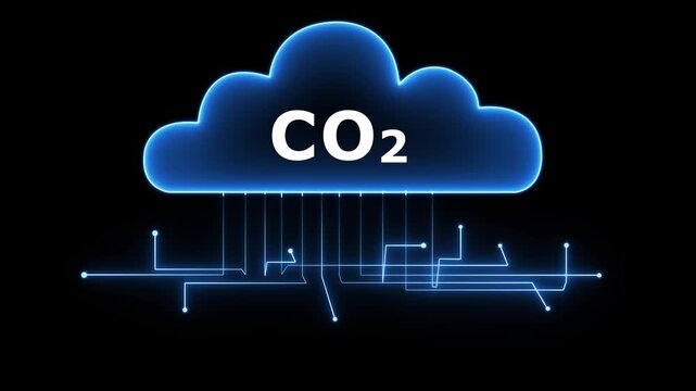 Futuristic neon glowing cloud with digital circuit connections, representing carbon emission data, technology, climate change, environmental monitoring and cloud computing concept HD motion video
