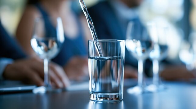 Pouring Clear Water into a Glass on a Table with People in the Background