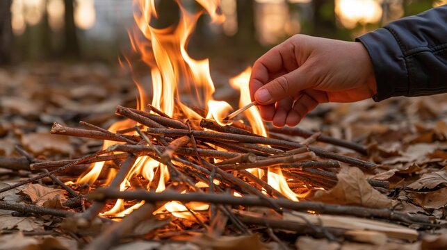 Hand lighting a small campfire with dry twigs and leaves in an autumn forest setting