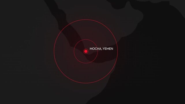 Mocha, Yemen location pinpoint on the world map with red color blinking, background concept 4k animation close up