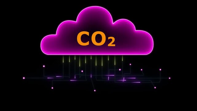 Futuristic neon glowing cloud with digital circuit connections, representing carbon emission data, technology, climate change, environmental monitoring and cloud computing concept HD motion video