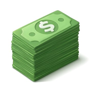 A stack of green paper currency bills with a dollar sign icon sits on a white background.