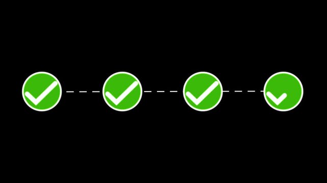 Green checkmarks in white circles connected by line on black background verification.