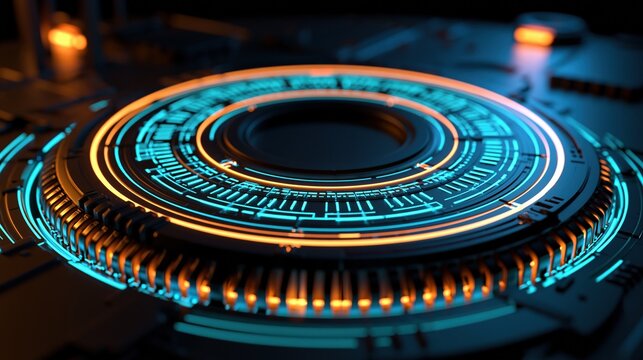 Futuristic glowing digital interface with circular HUD and technological circuit board elements