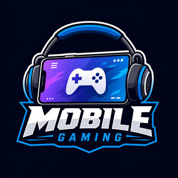 Mobile Gaming Logo with Headphones and Game Controller on Smartphone
