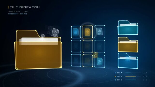 Holographic file dispatch station sorting documents from a folder into three colored sets