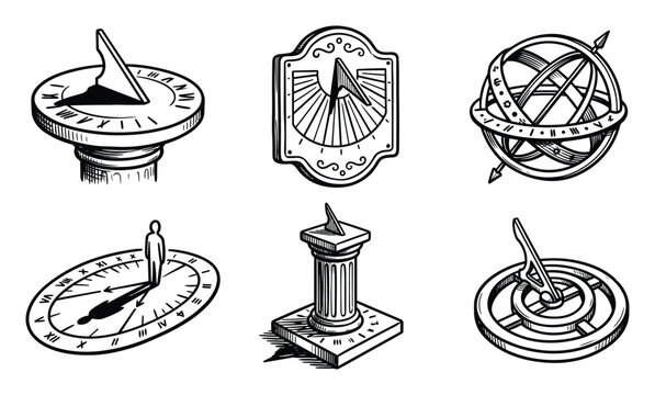 Outline set of sundials for timekeeping and celestial navigation ancient instruments