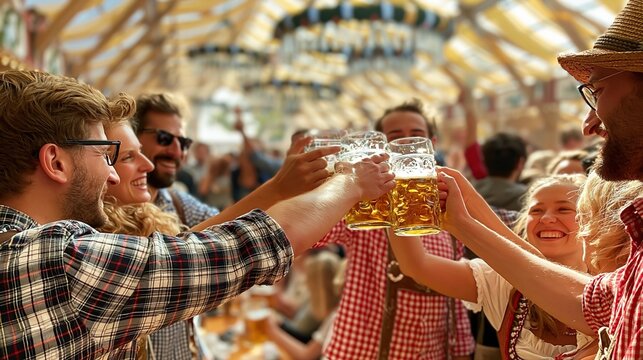 Friends celebrating with cheers of frothy beer mugs in a lively traditional German beer tent festival