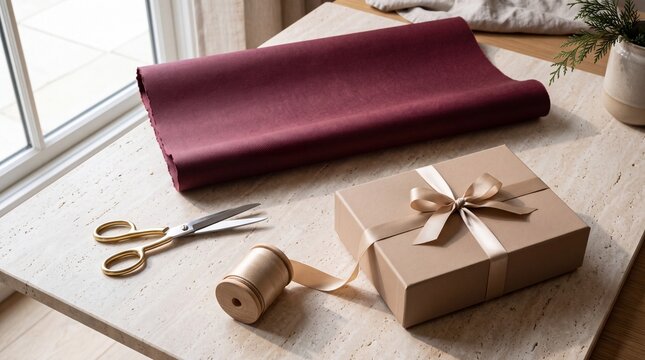 Wrapping a gift with care and beautiful wrapping paper. A present is already tied with a ribbon, and wrapping supplies like scissors and ribbon spool are nearby.