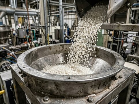 Close up of sustainable bioplastic pellets falling into machine hopper