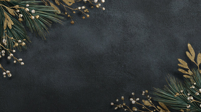 Sophisticated Christmas wallpaper with realistic evergreen needles, tiny white berries and subtle gold botanical accents forming an incomplete organic frame around the outer edges