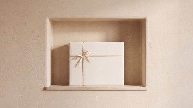A minimalist beige gift box with a golden ribbon is nestled in a recessed shelf, exuding elegance and understated luxury.
