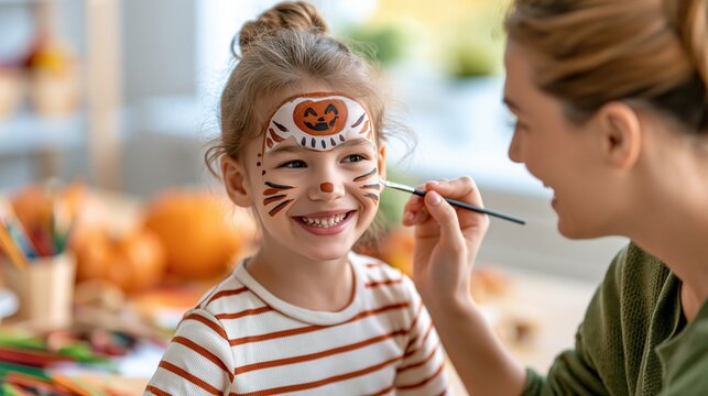 Mother applies festive Halloween pumpkin face paint to happy smiling child's face, creating a fun holiday memory