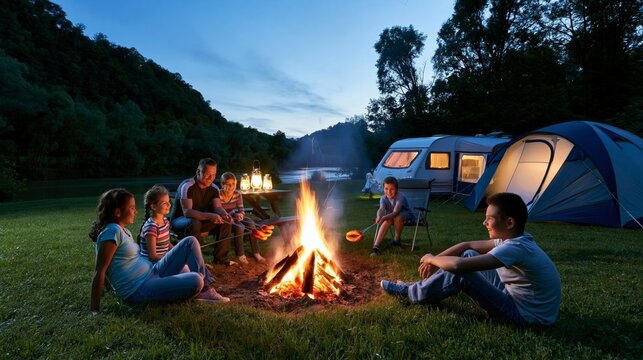 Family sitting around a campfire roasting sausages at twilight with a tent and caravan