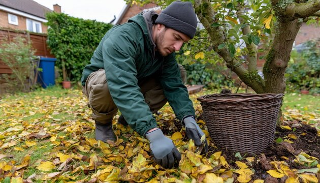 Man kneeling, gathering yellow fall leaves into a wicker basket in a home garden