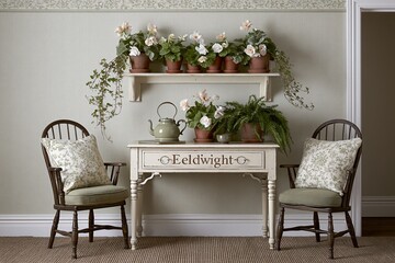 Obraz premium Cozy Sitting Area with Vintage Table, Potted Plants, and Floral Cushioned Chairs