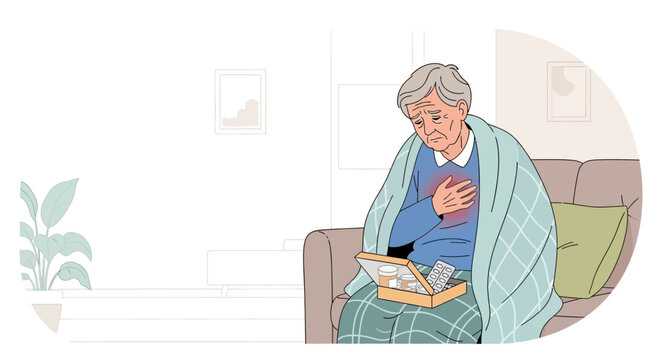 Elderly Person Feeling Unwell With Chest Pain Surrounded By Medication