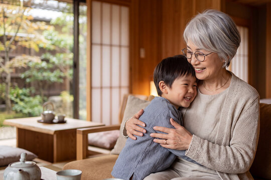 敬老の日におばあちゃんと孫が落ち着いた高級旅館で笑顔を交わしながら心温まるひとときを過ごしている。