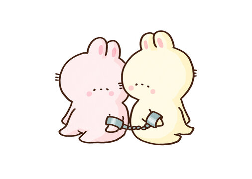 Little rabbit couple connecting each other's hands with a chain, codependency or toxic relationship concept