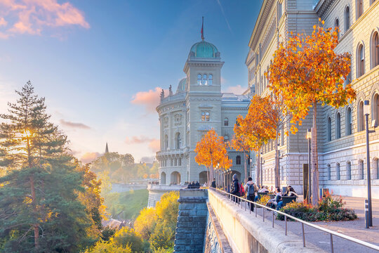 The Swiss parliament building Bundeshaus in twilight, Bern