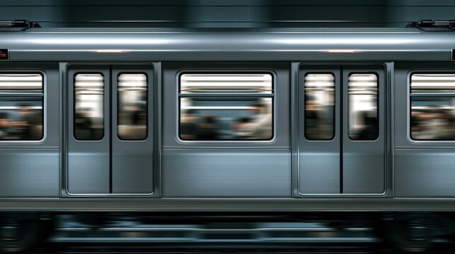 Modern commuter train carriage interior with blurred passengers during motion, urban transit