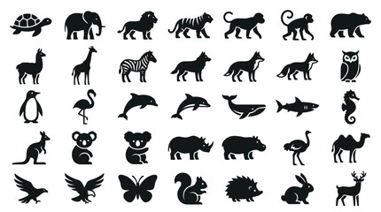 Obraz premium Large collection of small black wildlife and pet icons.