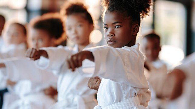 Diverse group of young children in martial arts uniforms practicing karate poses indoors
