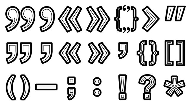 Punctuation mark icon set and typography symbols displaying quotation marks, brackets and essential grammar signs, concept for text editing and graphic layout