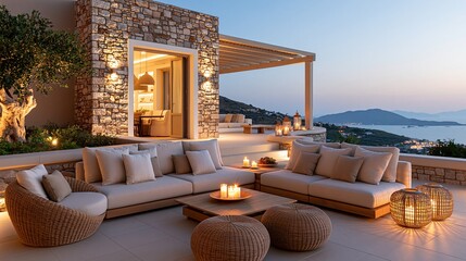 Obraz premium Luxury Mediterranean Villa Terrace with Elegant Outdoor Seating and Ambient Evening Lighting Overlooking Scenic Coastal View