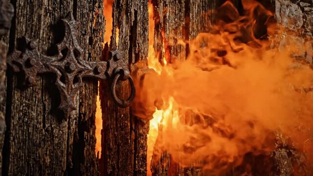 Medieval wooden door burning with smoke bursting through cracks