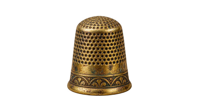 An antique brass thimble with intricate patterns. The thimble features a dimpled surface for protection and decorative elements around the base , Transparent Background, AI generative