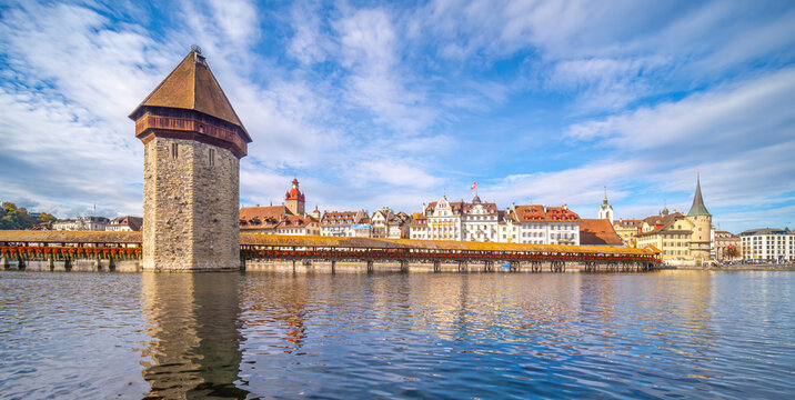 Lucerne city skyline with the Chapel Bridge,  Switzerland
