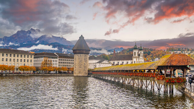 Lucerne city skyline with the Chapel Bridge,  Switzerland