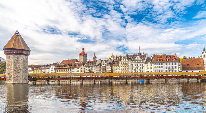 Lucerne city skyline with the Chapel Bridge,  Switzerland