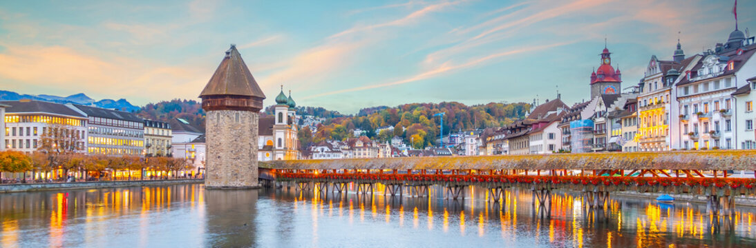 Lucerne city skyline with the Chapel Bridge,  Switzerland