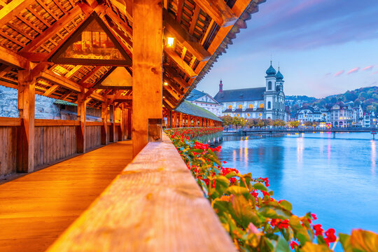 Lucerne city skyline with the Chapel Bridge,  Switzerland