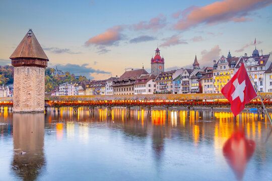 Lucerne city skyline with the Chapel Bridge,  Switzerland