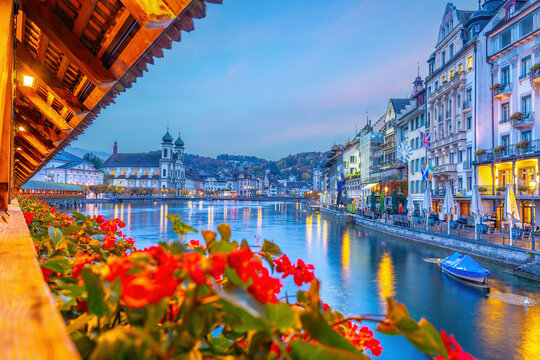 Lucerne city skyline with the Chapel Bridge,  Switzerland