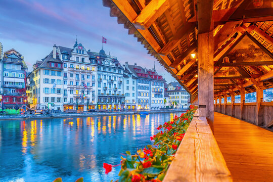 Lucerne city skyline with the Chapel Bridge,  Switzerland