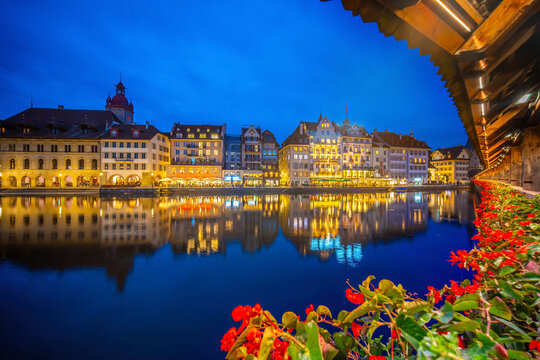 Lucerne city skyline with the Chapel Bridge,  Switzerland