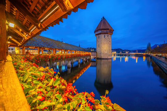 Lucerne city skyline with the Chapel Bridge,  Switzerland