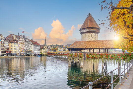 Lucerne city skyline with the Chapel Bridge,  Switzerland