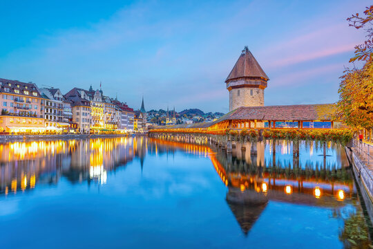 Lucerne city skyline with the Chapel Bridge,  Switzerland