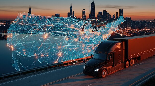 Global Logistics Network Overlaying USA Map with Truck on Highway at Dusk