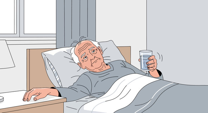 Elderly Man Sick In Bed Seeking Comfort With Water