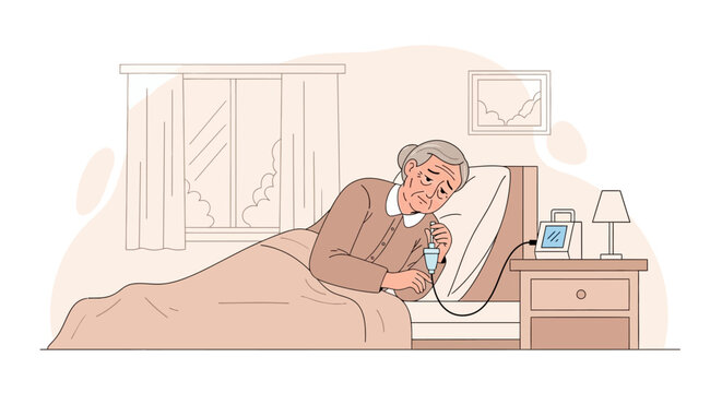 Elderly Patient Receiving Medical Care in Bed With IV Drip