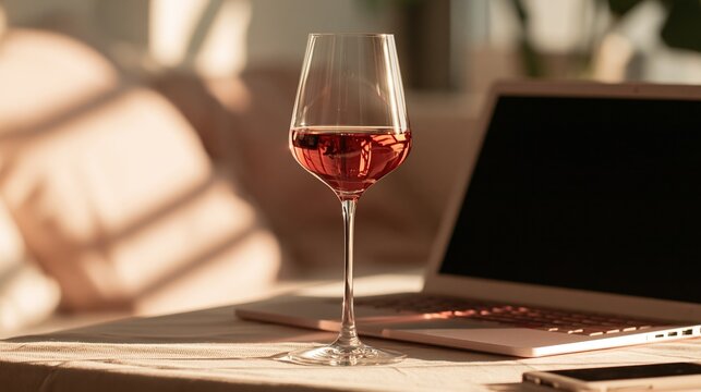 Elegant glass of rose wine on a table next to a laptop and smartphone, bathed in warm sunlight